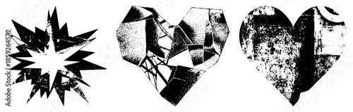 Three abstract heart and starburst in black and white