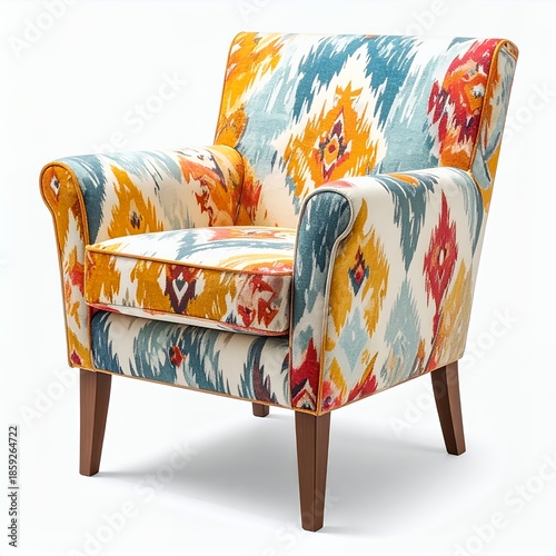Accent armchair with vibrant ikat pattern on a clean white background creates a focal point