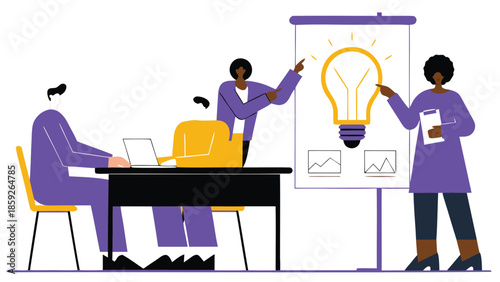 Flat vector illustration of creative office team brainstorming with lightbulb idea on whiteboard and laptop