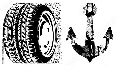 tire and anchor black and white halftone vector