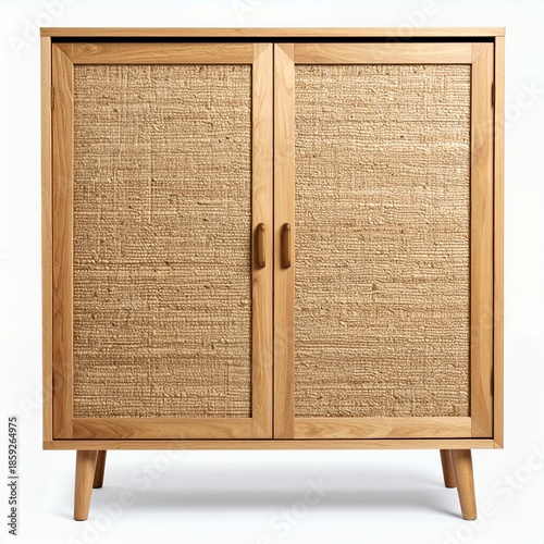 Elegant wooden cabinet with woven door panels, showcasing rustic design on a white backdrop