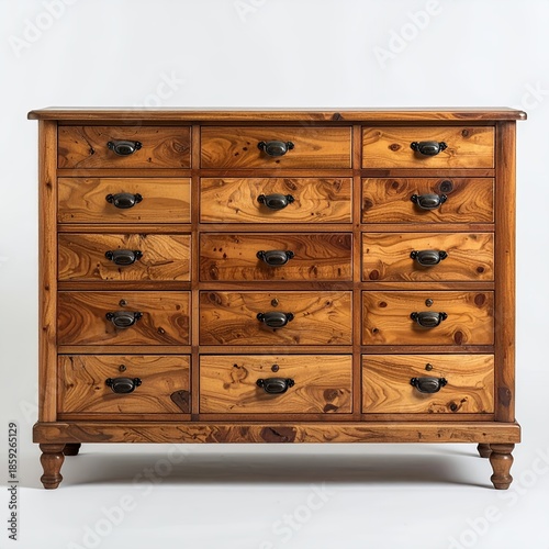 Detailed view of a wooden dresser with multiple drawers against a white backdrop