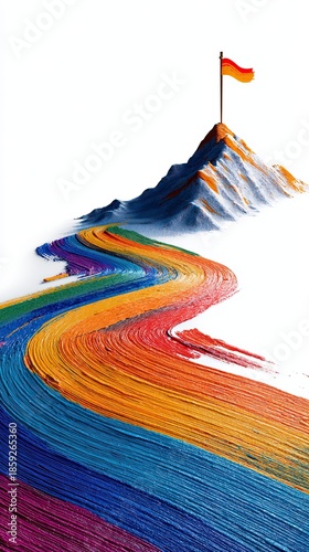 A vibrant landscape featuring colorful lines flowing towards a mountain topped with a flag, symbolizing unity and creativity.