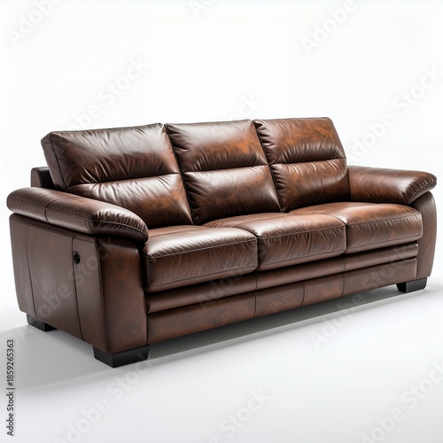 Luxurious three-seater brown leather sofa on a pristine white background, showcasing elegant design