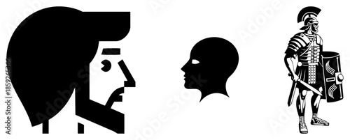 Three stylized heads and a Roman soldier