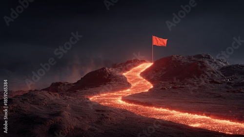 A surreal landscape featuring a glowing lava flow leading to a red flag atop rocky terrain under a dark sky.