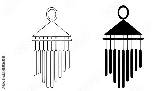 Black Silhouette Wind Chime Icons Set: Hanging Tubes Pendant, Outline and Filled Versions, Garden Decor, Relaxation Symbol Vector Illustration, Minimalist Chimes Elements, Zen Home Ornament Collection
