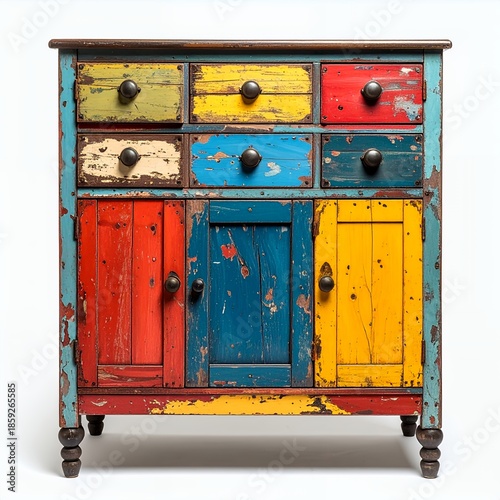 Unique multicolored wooden cabinet with drawers and doors set against a stark white backdrop