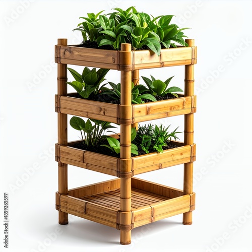 Elevated indoor greenery featuring layered bamboo planter on white background