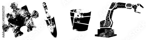 puzzle piece shovel bucket robot arm black and white vector