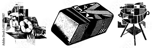 Three abstract geometric objects with halftone