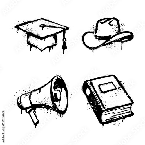 Graffiti spray paint education icons with graduation cap book and megaphone