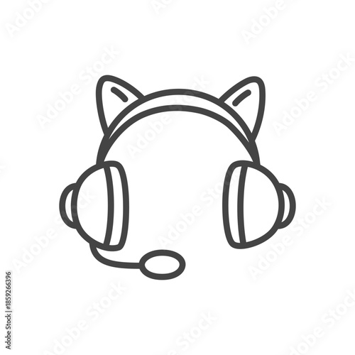 Cute headset icon. Monochrome doodle illustration of headphones with cat ears and microphone, gamer style. Kawaii sticker. Vector 10 EPS.