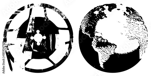 globe and atom symbols abstract black white