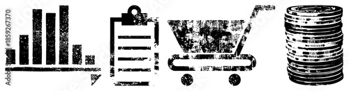 bar chart clipboard shopping cart coin stack