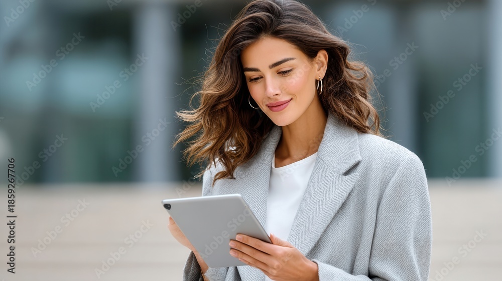 Fototapeta premium Professional businesswoman using digital tablet, connecting with technology managing outdoors work