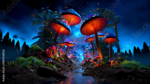 Un monde imaginaire composé d'une forêt de champignons et de lucioles, traversée par un ruisseau