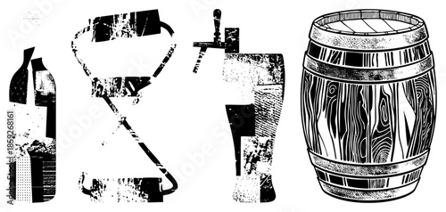 alcohol drinkware and barrel set vintage vector