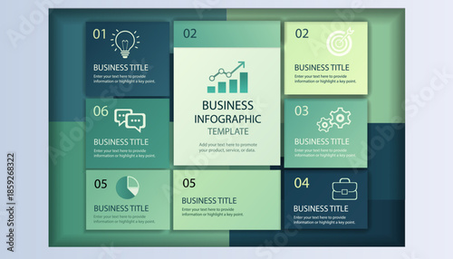 Business infographic template presenting numbered steps, data visualization, and key concepts like ideas, goals, and communication, ideal for corporate presentations or reports