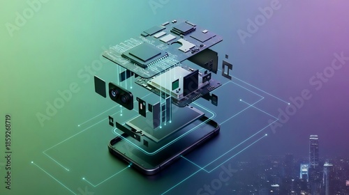 Exploded view of smartphone motherboard with camera module over city skyline and neon circuit lines. Generative AI. 