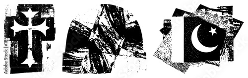 Three religious symbols in distressed black and white vector style