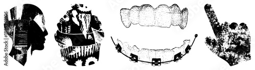 Four stylized silhouettes of human head, cupcake, dental braces, and pointing hand
