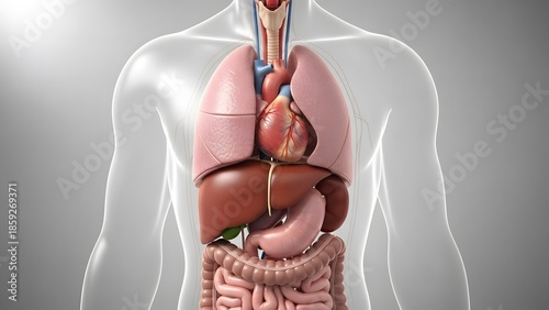Detailed 3D rendering of human internal organs within a transparent body.
