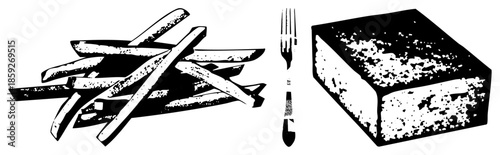 fries and cake slice with fork isolated