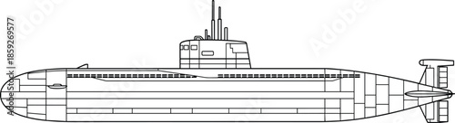 Military submarine outline drawing featuring detailed hull structure and periscope tower isolated on white background for naval history and deep sea exploration designs