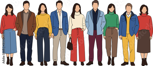“Group of stylish people standing together, modern casual fashion illustration, diverse men and women vector characters, trendy outfit collection artwork”