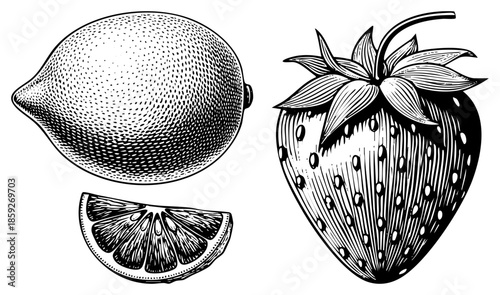 lemon slice strawberry vintage illustration