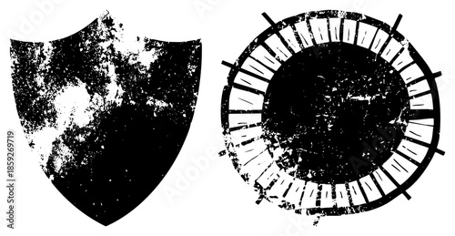shield and circular gear vector with distressed texture
