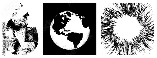 Three abstract vector water droplet, globe, explosion