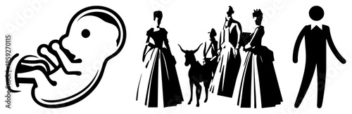 Fetus silhouette, vintage women figures, goat, male