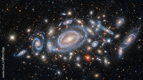 A breathtaking deep-field view of numerous galaxies, including spirals and ellipticals, scattered across the vast expanse of the universe, captured against a starry background.