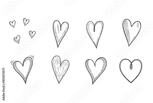 Hand sketched heart doodles vector pack with minimal love symbols isolated on white