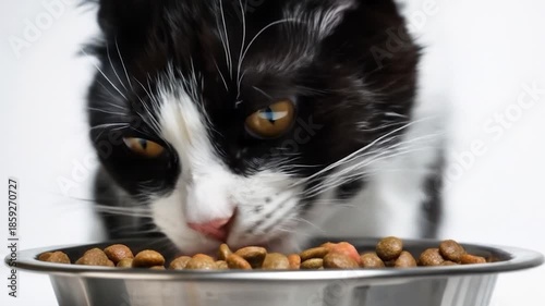 Hungry tuxedo kitten enjoys nutritious meal in a clean, well-lit environment focused on feline