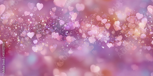 Pink pastel abstract background with heart shaped light particles creating romantic and dreamy atmosphere with soft glowing bokeh effects in purple and pink hues