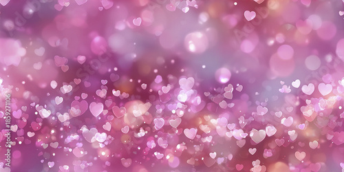 Pink pastel abstract background with heart shaped light particles creating romantic and dreamy atmosphere with soft bokeh effect and glowing highlights in various shades of pink and purple