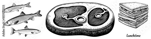 Fish steak and sandwich lunchtime illustration