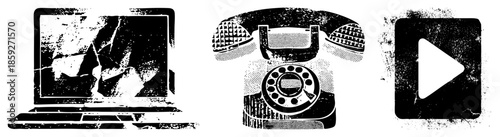 broken laptop rotary phone play button