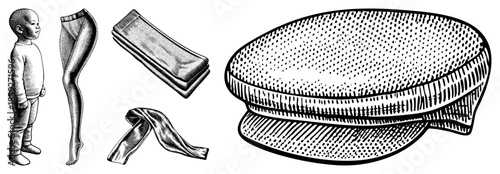 Baby wearing tights with folded tights and diaper illustrated