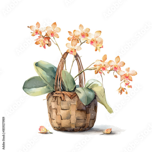 Exotic Orchid Basket, watercolor vector, isolated on a white background.