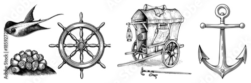 Maritime symbols collection vintage engraved style