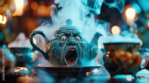 A striking teapot with a terrifying face amidst swirling steam creates an eerie atmosphere, blending creativity with an unsettling twist, highlighted by colorful tea cups and mystical background elem