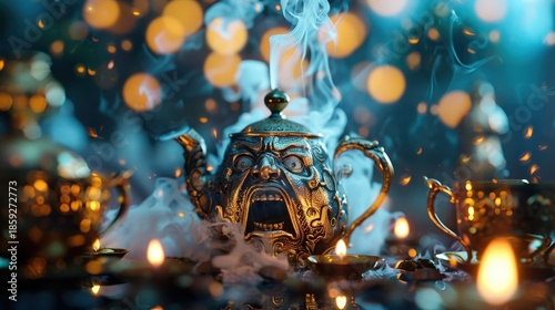 A beautifully crafted golden teapot displays a fierce face, exuding steam and light, symbolizes creativity, artistry, and lavish design, creating an exquisite focal point in an elegant setting.