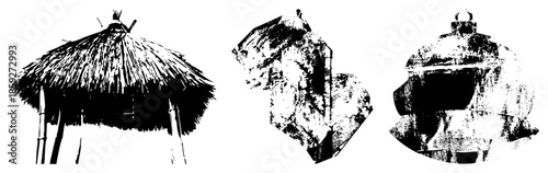 three stylized huts with thatched roofs and textured walls