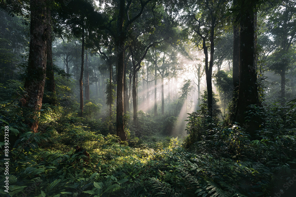 Fototapeta premium Rainforest with tall trees and dense green vegetation illuminated by soft sunlight filtering through mist, creating serene and peaceful natural atmosphere