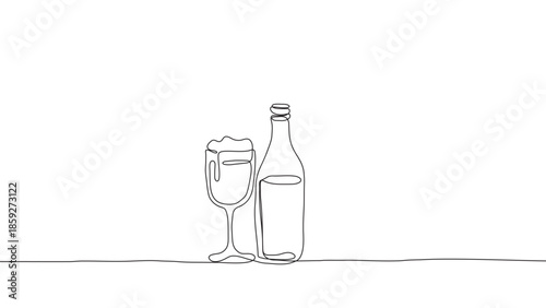 Minimalist Line Drawing of Beer Bottle and Glass