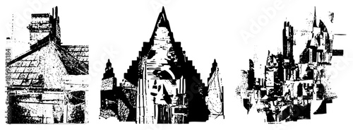 three architectural silhouettes in high contrast vector style